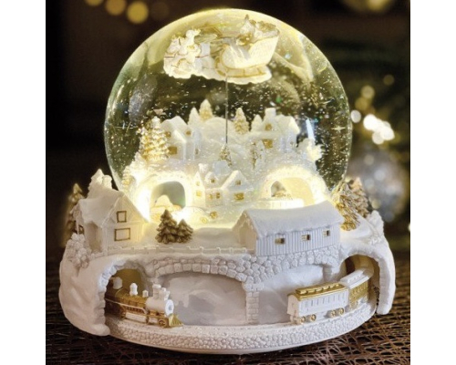 Музична біла снігова куля MMM | З машинками, Сантою, що літає, і вогниками - 15 см