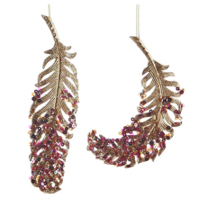 Прикраса новорічна - Goodwill | пір'я - золото - червоний градієнт зі стразами 8 см