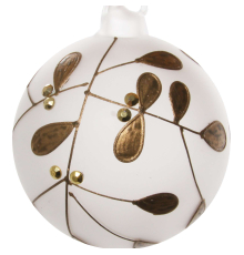 Стеклянный шар матовый белый с золотым листиком - 10 см